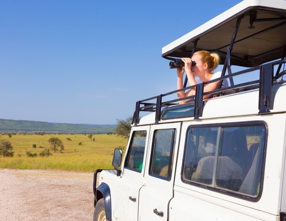 Young,Blond,Lady,On,Safari,Standing,In,Open,Roof,Jeep